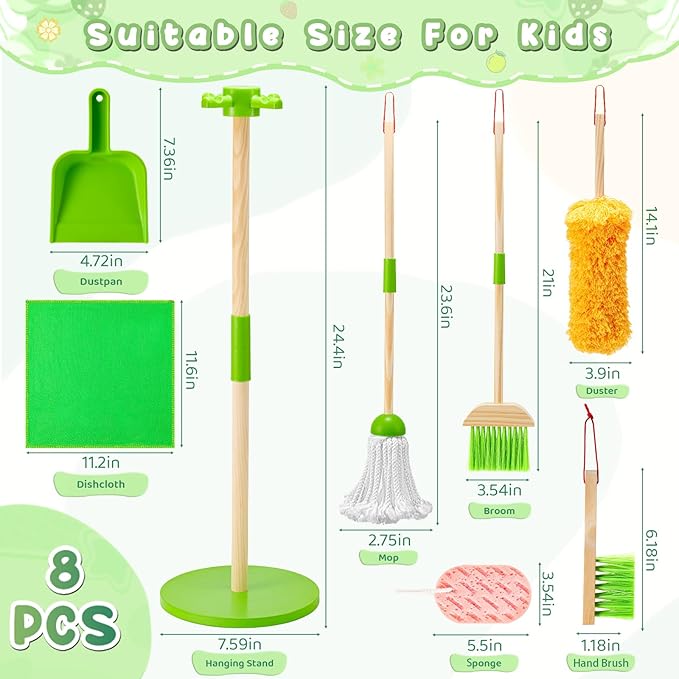 WHOHOLL Wooden Kids Cleaning Toy Set Toddler Broom Set for Housekeeping 8 Pcs Broom and Mop Set for Toddlers 3-5, Baby Cleaning Toys with Dustpan Sponge, Birthday Gifts for Boys and Girls (Green)