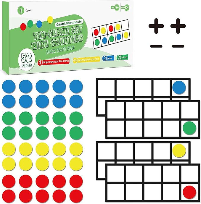 Big Magnetic Ten Frame Set, Opret 52 Pieces Math Manipulatives for Elementary, Kindergarten Classroom Must Haves Math Games with Storage Bag, Ages 5+, 4 Frames, 44 Counters, 2 Plus and 2 Minus