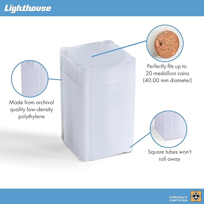 LIGHTHOUSE - Square Coin Tubes - Convenient Push Top, Virtually Unbreakable, Acid Free and Archival Quality - Coin Tubes for US Medallions, 50 Pack