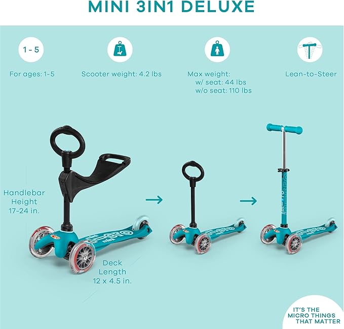Micro Kickboard - Mini 3in1 Deluxe 3-Stage Ride-on Scooter Toddler Toys for Ages 12 Months to 5 Years
