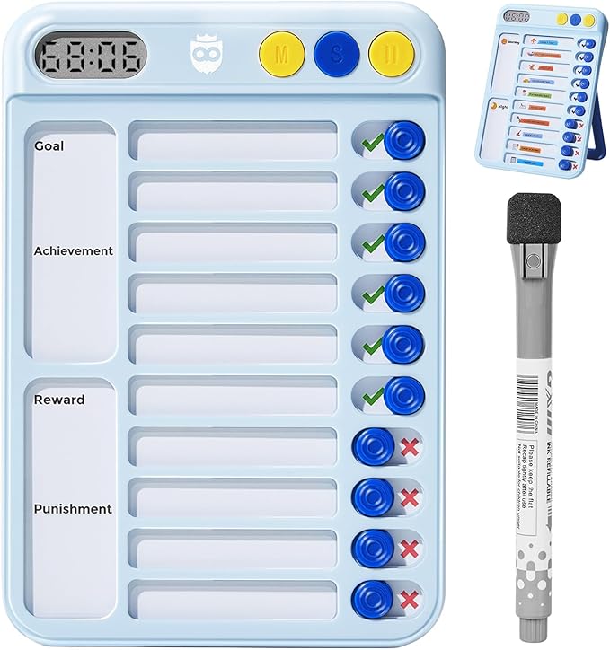 Magnetic Chore Chart for Kids with Timer, Visual Schedule for Kids, ADHD Tools for Kids to Do List, Checklist with 99-Min Countup/Countdown Chore Board with Sliders & 12 Dry-Erase Sheets (Blue)