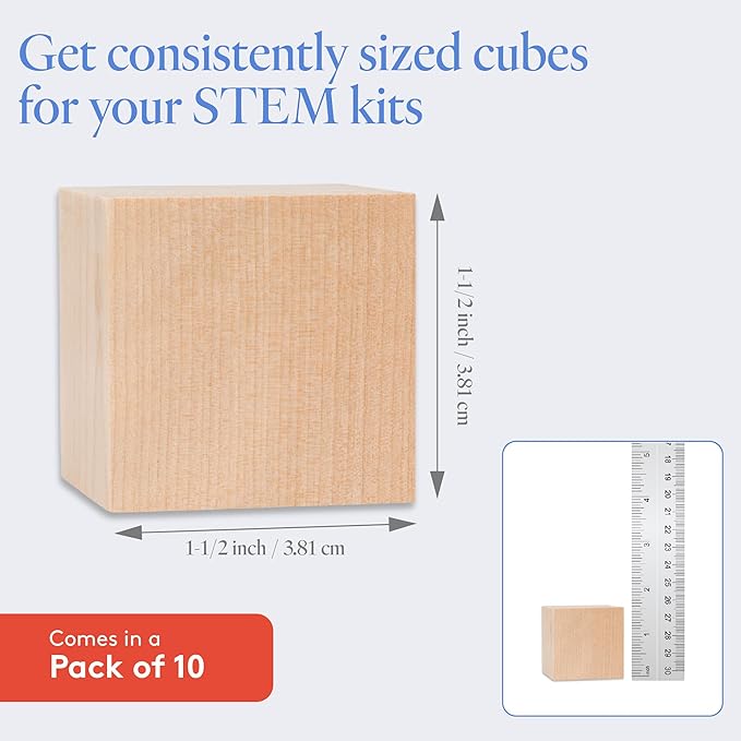 DIY Wood Cubes 1-1/2-inch, Pack of 10 Small Wooden Baby Blocks for Baby Shower, Wooden Blocks for Crafts, STEM, Building, and Blank Wood Dice, by Woodpeckers