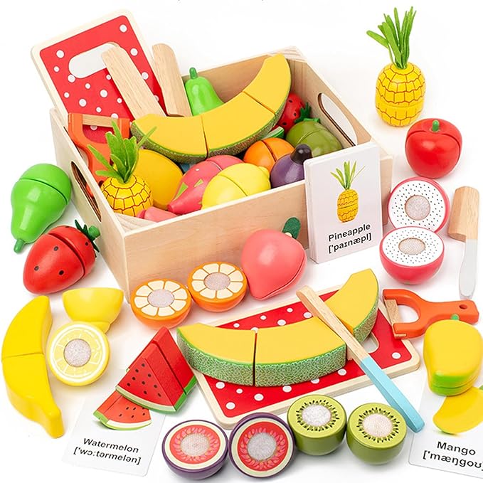 35PCS Wooden Play Food for Toddlers, Pretend Food Toys Play Kitchen Accessories with Storage Basket, Learning Cards, Cutting Food Fruits Toys Montessori Toys Gift for Kids Girls Boys Age 3 4 5 6