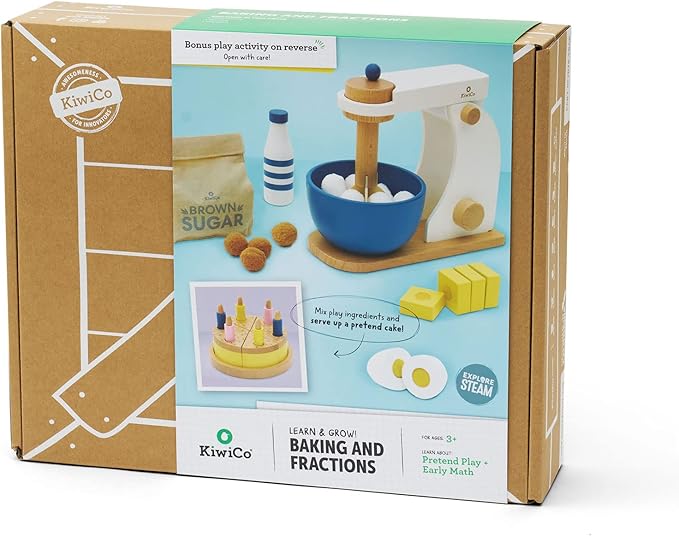 KiwiCo Bake-a-Cake Stand Mixer | Play Kitchen | Kids Baking Set Ages 3+ | Learn Early Math with Wooden Kitchen Play Set | Includes Ingredients, Stand Mixer, Measuring Spoons, Recipe Cards and More