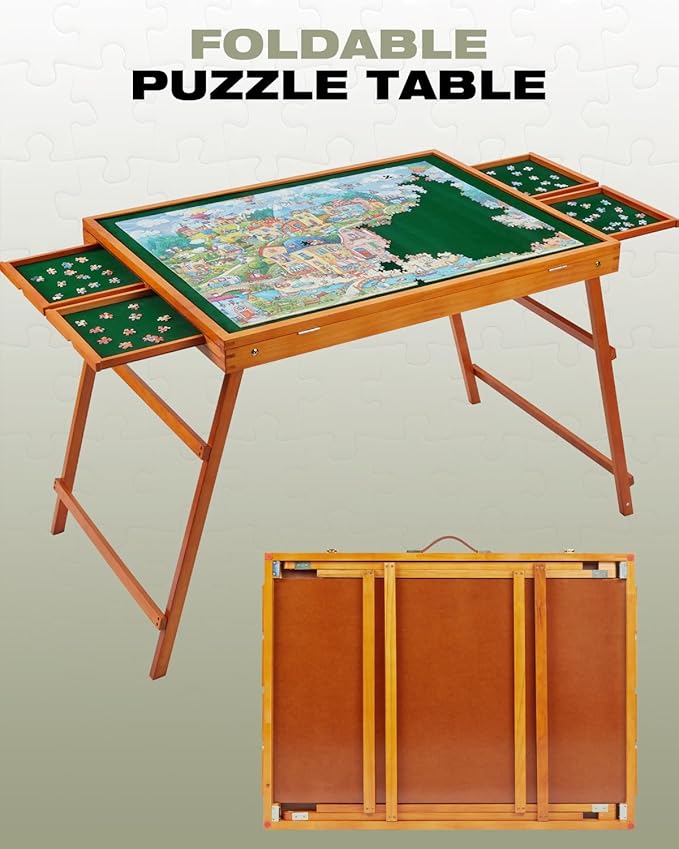 1500 Piece Wooden Jigsaw Puzzle Table with Drawers and Cover, Adjustable Puzzle Board with Foldable Legs, Portable Tilted Puzzle Easel for Adults, Velvet-Lined Tabletop and Drawers, Heavy Duty