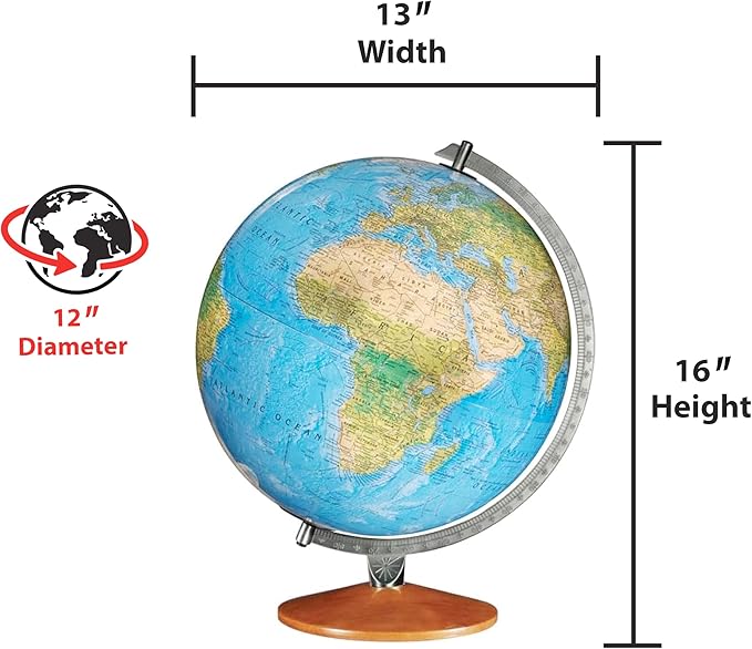 Replogle Illuminated World Globe with Stand, 12 Inch diamteter light up globe with 3-D Raised Relief Texture. Perfect for Children And Kid's Classroom and home Decor, Made In USA