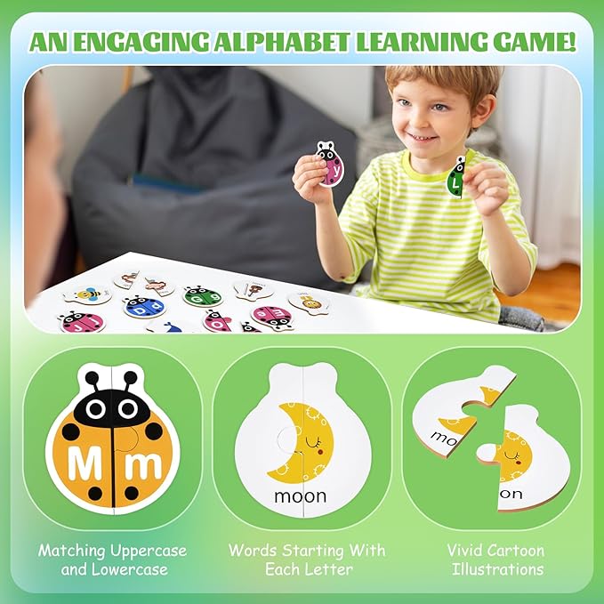 Ladybug Self Correcting Alphabet Puzzle: Letter Matching Games for Toddlers 3-5, 52pcs Double-Sided Montessori ABC Puzzles Cards Preschool Learning Activities Educational Toy Gift for Kids
