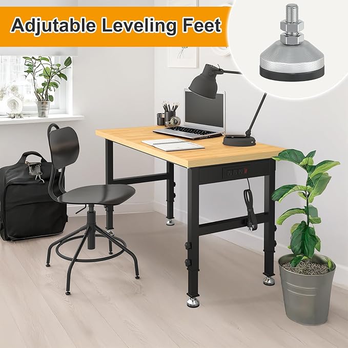 48" Adjustable Workbench, Heavy-Duty Work Bench, 2000 LBS Worktable with Power Outlets, Portable Chipboard Work Station for Repair Shop, Workshop, Office