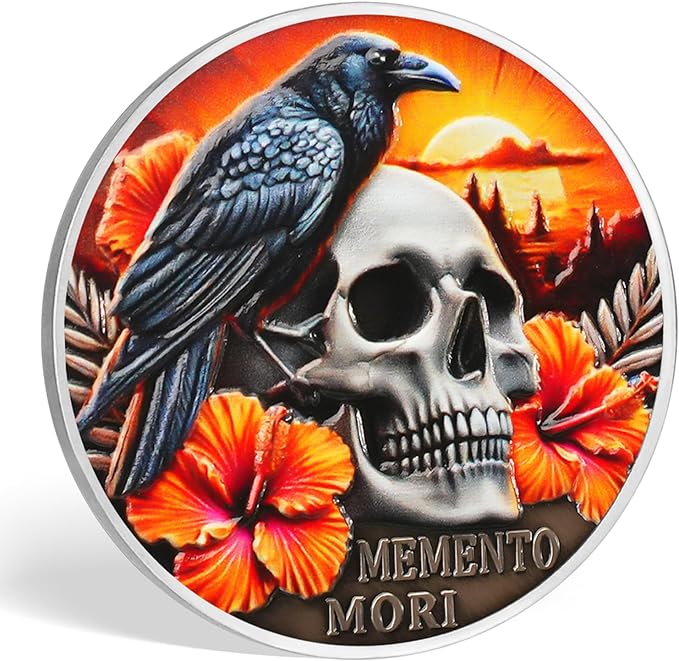 AtSKnSK Memento Mori Coin Momento Mori Coin Skull Coin Stoic Gifts Memento Mori Calendar Living Memento Mori Amor Fati Coin (Twilight Raven Skeleton)