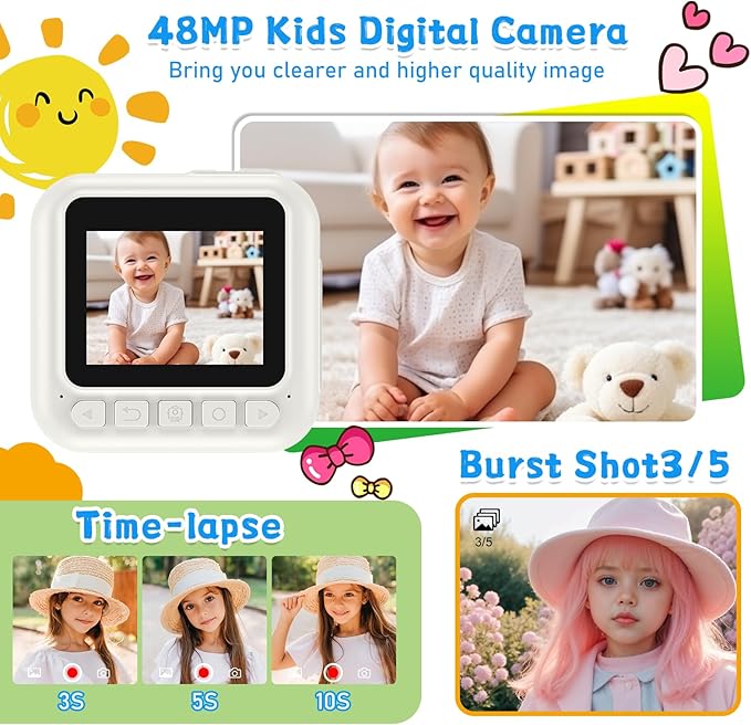 Instant Print Camera for Kids, 3-12 Year Old Girls Boys Gifts, 1080P Video Children Digital Camera with 32GB Card, Kids Christmas Birthday Gifts Toddler Photo Camera Toys for Age 3 4 5 6 7 8 9 White