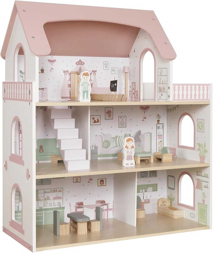 Wooden Pink Doll House for Girls with Balcony,DIY Pretend Dolls Play House Toy, Kids Dollhouses Toys with 12 PCS Furniture Accessories,Birthday Gifts for Boys Girls Ages 3+
