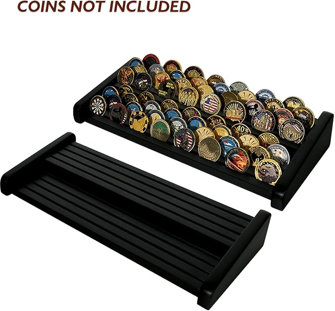 8 Rows Wooden Challenge Coin Display Holder for Countertop - 2 Tiers Military Coin Rack Stand Holds 60-70 Coins for Army Police Collectors, Black