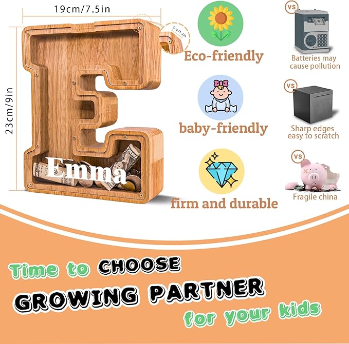 Wooden Letter Piggy Bank for Kids Larger Alphabet Letter Bank for Boys Initial Coin Bank Personalized Piggy Bank Wood Money Save Box for Birthday and Festival-Upgrade 9"" E Piggy Bank