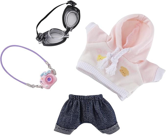 17cm Doll Clothes Set 4-Piece Outfits for Doll Pink Fashion Clothing for Plush Dolls Accessories with Glasses Jeans and Hoodie