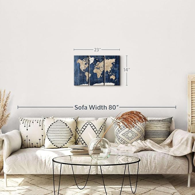 ElephantStock Aged Blue World Map II Canvas - 3 Panel Wall Decor - World Map Digital Art - Blue Wall Art - 23" X 14"