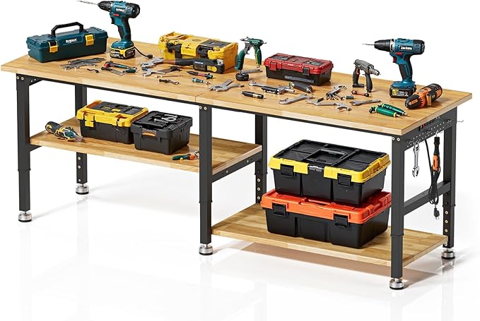 96” Heavy Duty Work Bench, 2-Layer Adjustable Workbench, 5000 LBS Capacity Work Bench with Power Outlet & Pegboard, Rubber Wood Work Table for Garage, Workshop, Office, Home