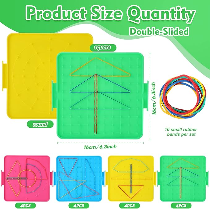 Teling 16 Pack Double Sided Geoboard Math Manipulatives Plastic Geoboards with Rubber Bands Geometry Manipulatives Educational Toy for Geometry, Creativity, Fine Motor Skills (Simple, 6.3 Inch)