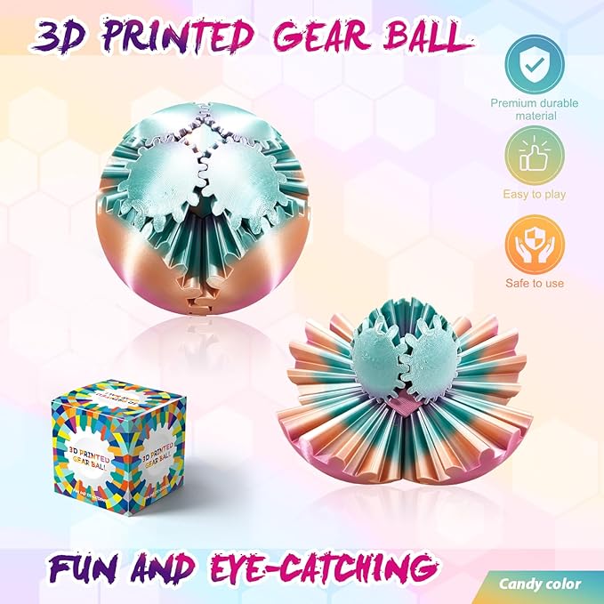 Gear Ball-3D Printed Gear Sphere,3D Printed Spin Ball Cube Fidget Toy,The Steampunk Whirling Wonder Fidget Ball Toy (6 Colors)