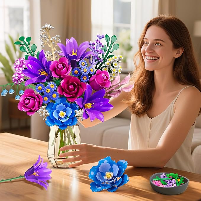 Flowers Bouquet Building Set with LED Light, 21 Flower Botanical Collection Building Block Toy, Rose Lily Plants Home Office Decor 1054PCS, for Her Adults Women Kids Girls 12+ (Purple)
