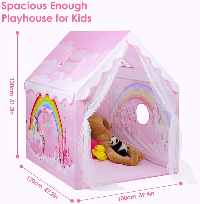 Kids Play Tent Pink Princess Tent for Girls, Large and Foldable Kids Playhouse with Windows, Portable and Lightweight Playtent Indoor &Outdoor for Gift to Toddlers