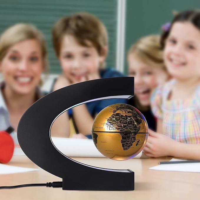 Floating Globe with Colored LED Lights C Shape Anti Gravity Magnetic Levitation Rotating World Map with Touch Switch for Gift Home Office Desk Decoration With Switch (Gold)