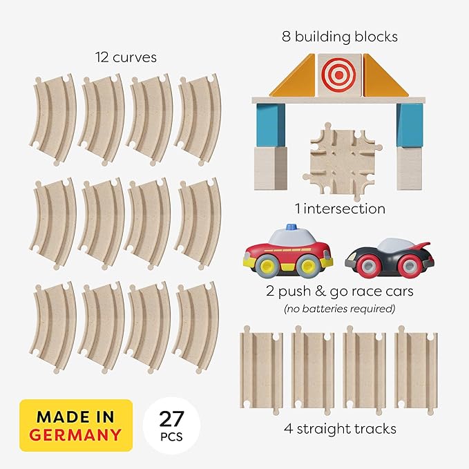 HABA Cars - My First Racetrack, 27 Piece Sustainable Kids' Race Track Set, Battery-Free Push and Go Cars, Ideal STEM Toys for Toddlers Ages 2+