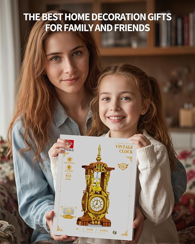 Vintage Clock Building Block Set, Stem Toy with Real Clock Function and Controllable Lighting, Technic Building Kit, Unique Home Decoration and Collectible, Birthday Gifts for Adults & Kids 6-12