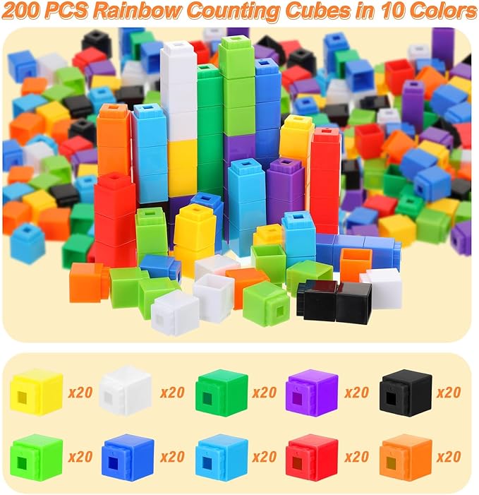 Jenaai 200 Pieces Linking Cubes for Math Counting Cubes, Plastic Counting Blocks, Colorful Math Manipulatives Classroom Learning Supplies for Preschool Activities Boy Girl(Simple Style)