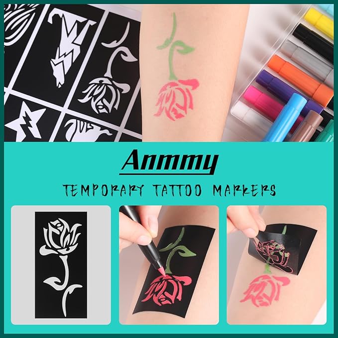 Temporary Tattoo Markers for Skin, 16-Count Body Markers+77 Large Tattoo Stencils of Assorted Colors for kids and Adults, Flexible Brush Tip, Bright colors, Skin-Safe*, Cosmetic-Grade.