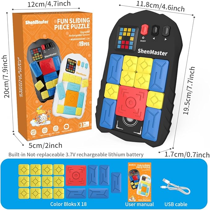 Rechargeable Super Slide Puzzle Game,Klotski Brain Toys for Kids Teens,500+ Challenges 7 Difficulty Levels for Boys&Girls,Portable Travel Games for All Ages,8-12 Gifts idea-Black