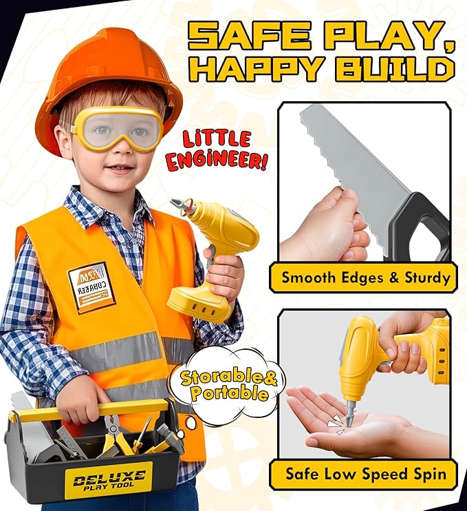 Lehoo Castle Kids Tool Set with Electric Toy Drill and Tool Box, Construction Toys for 3 Year Old Boys Birthday Gift, Pretend Play Toddler Tools for 3-5 Years Old (Yellow)