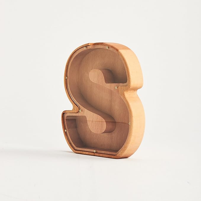 Personalized Wooden Piggy Bank – Custom Letter S Coin Bank in Beech Wood with Clear Acrylic Front, Engraved Name Option, Money Saving Box for Kids and Adults