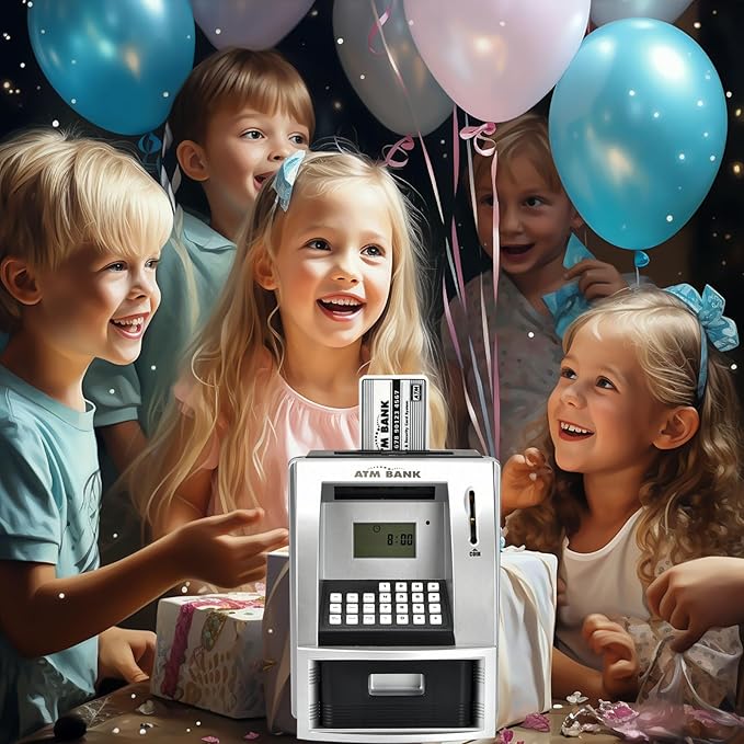 ATM Piggy Bank for Kids, Electronic Money Bank with Coin Counter, Goal Tracker, Password & Card, Auto Bill Intake with Voice Prompts – Compact Savings Gift for Boys & Girls Ages 6–12 (Black)
