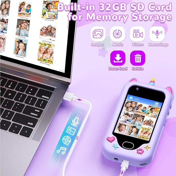Lapare Kids Smart Phone Toys, Christmas Birthday Gifts for 3-8 Year Old Girls, Touchscreen HD Dual Camera Cell Phone with 32G SD Card(Purple)