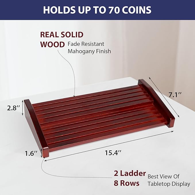 Challenge Coin Holder Display Case - 2 Tiers Solid Wood Military Coin Rack for 60-70 Coins, Army Coin Stand for Desk Display, Mahogany