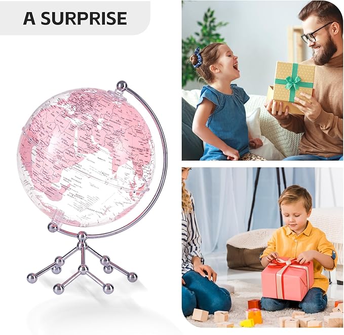 Decorative 8" Pink Earth Globe with Stand – Rotating Desktop Map for Kids, Educational World Globe with Detailed Map for Home, Office, and Classroom