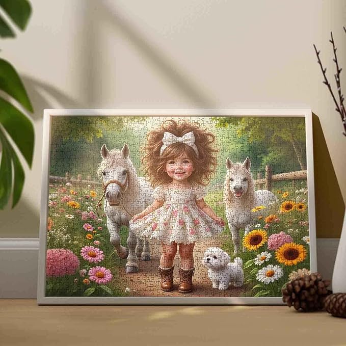 Tucocoo Cute Little Girl 1000 Piece Jigsaw Puzzle for Adults, Country Girl White Ponies Puppy Floral Path – Vintage Farm Scene for Family Games Challenging Puzzles, Rustic Wall Art DIY Crafts Gifts