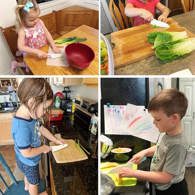 3 Pieces Kids Knife Set for Cooking, with Cutting Board and Safe Lettuce and Salad Knives, Kids Cooking Utensils in 3 Sizes & Colors for Fruit, Bread, Cake, Salad