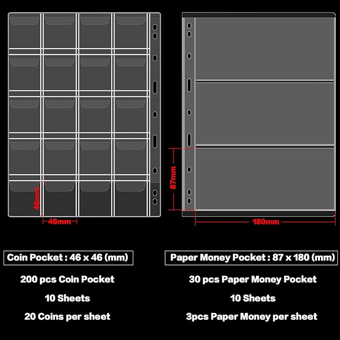 Coin Collection Book Holder for Collectors, 200 Pockets Collecting Album & 30 Sleeves Paper Money Display Storage Case for Currency Collection Supplies (200 coins+30 paper money binder)
