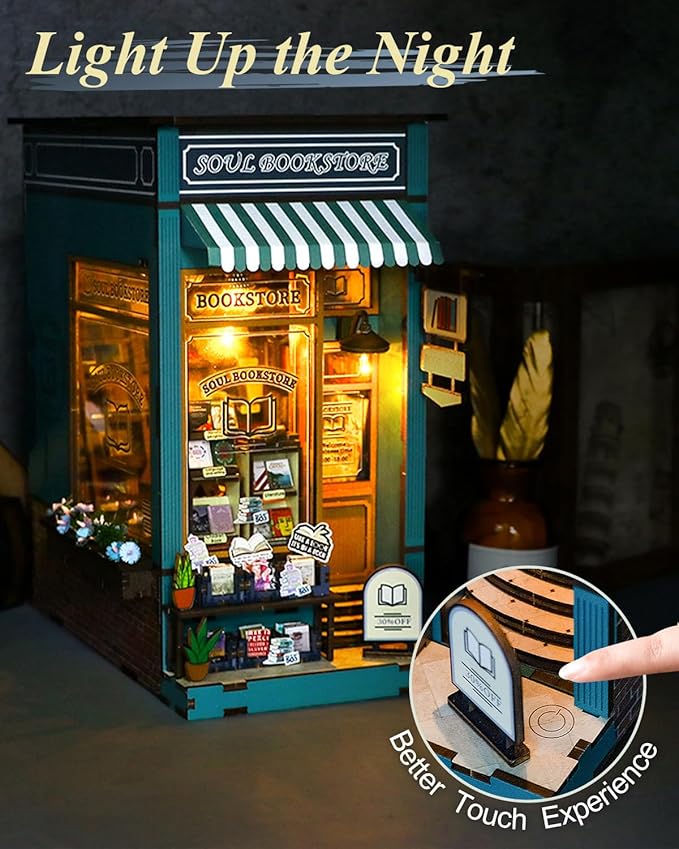 Book Nook Kit Soul Bookstore, DIY Wooden Booknooks Kit for Adults Women Teens, Bookshelf Diorama Miniature Scenes Insert Decor with LED Light, Miniature House Kit Bookstore Model Gifts