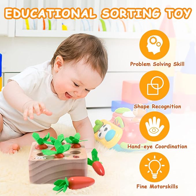 XPIY Montessori Toys for 1 Year Old, Carrots Harvest Wooden Baby Toys for 6-12 Months Educational Shape Sorting Matching Toys for Toddler Fine Motor Skill Development, Gift for Kids Birthday Easter