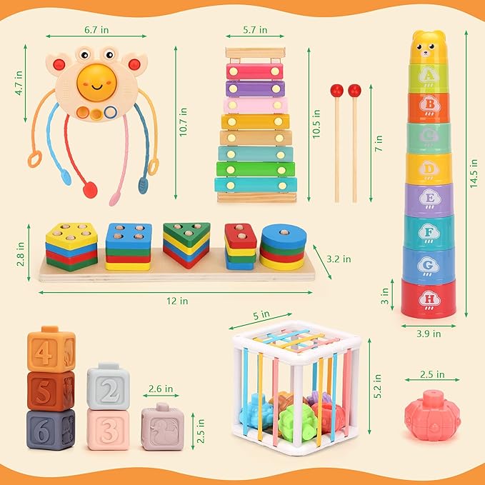 Montessori Baby Toys 6-12 Months Sensory Boxes & Teethers. 6-in-1 Stacking Blocks with Crab Design. Shape Sorting & Sensory Toys for 6-36 Months Babies.