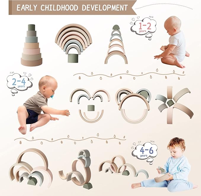 MCGMITT Rainbow Stacking Toy, Silicone Rainbow Stacker for Toddlers, Montessori Nesting Blocks, Building Creative Color Shape Matching Toy Set, 7 Layers (Brown)