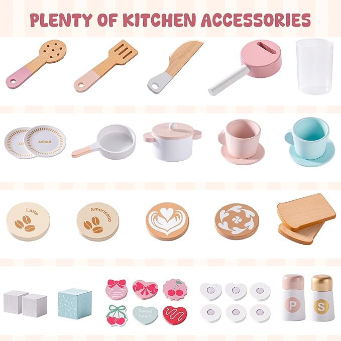 ROBUD Play Kitchen, Pink Toy Kitchen Playset with Pretend Coffee Maker & Toaster for Toddler Aged 3+, Wooden Kids Kitchen of Birthday Gift to Kids, WCF57