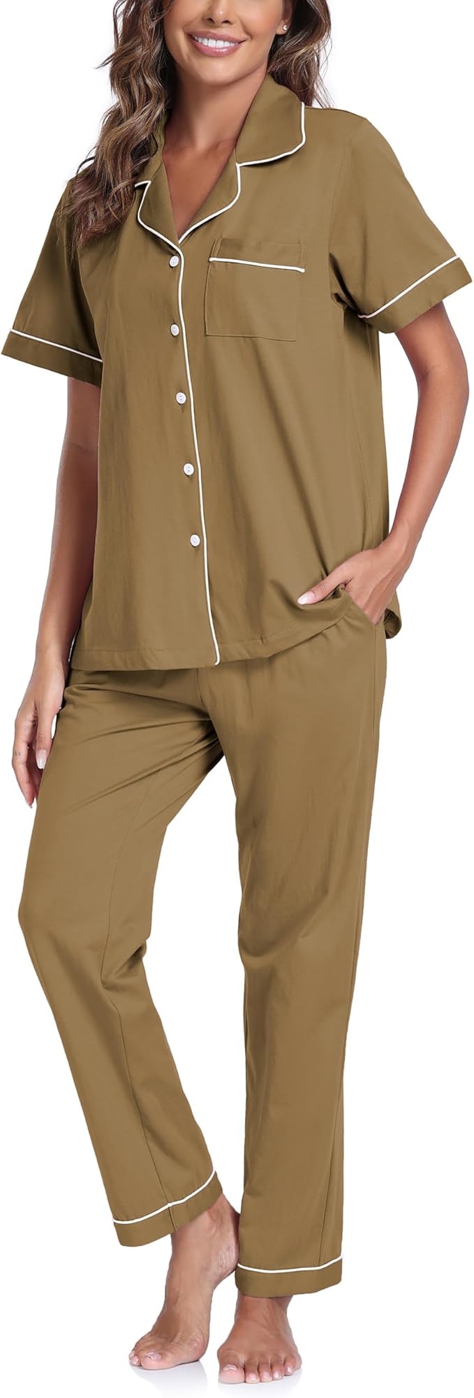 CF Womens 100% Cotton Pajamas Set Button Down Pjs Sets Short Sleeve Top & Long Pants Sleepwear Comfy Loungewear with Pockets
