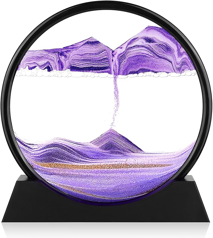 Moving Sand Art Picture - 3D Quicksand Painting Decor - Round Glass 3D Deep Sea Sandscape - Relaxing Home Decoration Desk Toys for Home Office Desk Mantle Bookshelf- (Purple, 12 in)