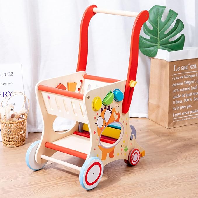 Wooden Baby Push and Pull Walker with Wheels for Boy&Girls,Multiple Activities Kid’s Toy,Shopping Cart Sit to Stand Walker for Toddlers