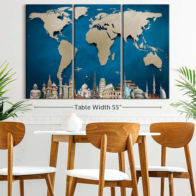 ElephantStock Ocean Blue World Map Multi Piece Canvas - 3 Panel Wall Decor - Map of the World Art - Canvas for the Office and Home - 57" X 36"