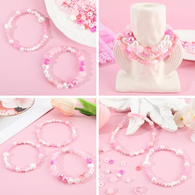 3500Pcs Heishi Bead ，Pink Beads Bracelet Making Kit ，6 Kinds of Unique Pink Glass Seed Bead Friendship Bracelet Beads for Jewelry Making