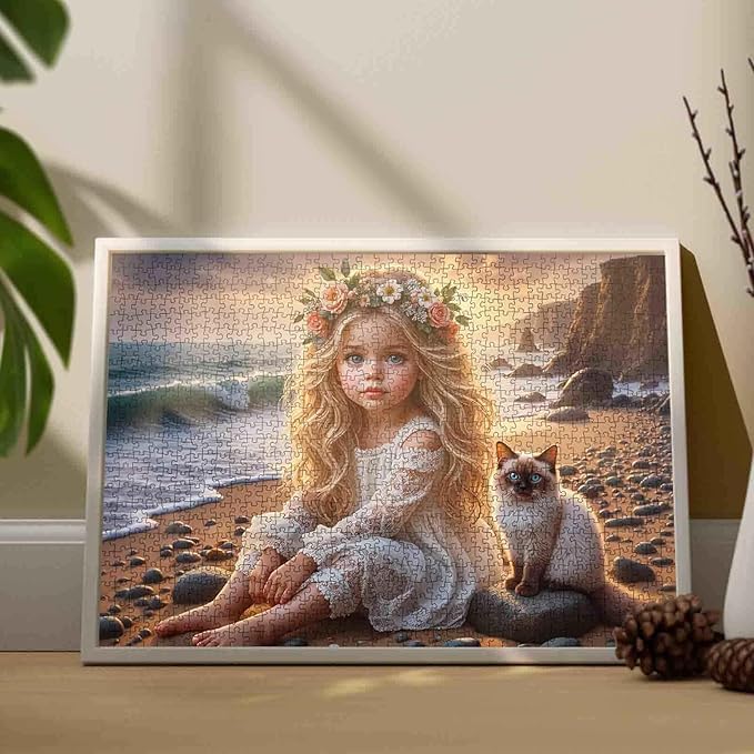 Tucocoo 1000 Piece Jigsaw Puzzle for Adults, Girl with Flower Crown and Cat on Sunset Beach – Romantic Coastal Puzzles, Family Games, Challenging Puzzles for Adults – Gift for Cat Lovers and Women